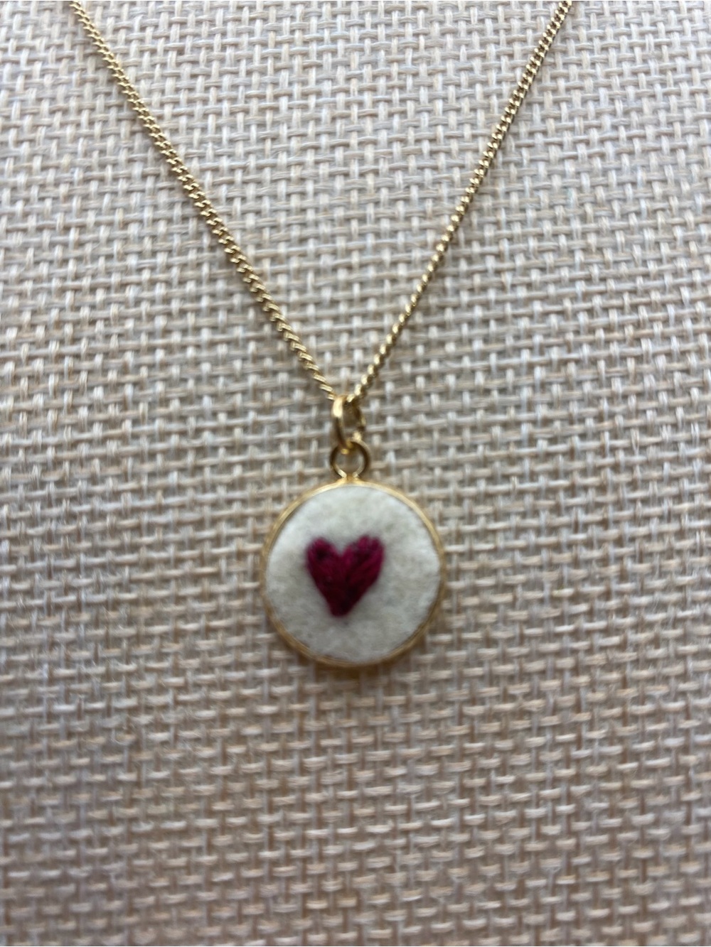 Gold Heart Pendant embroidered Necklace with Burgundy Heart